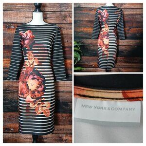 New York & Company Sheath Dress S 3/4 Sleeve Striped Floral Stretch